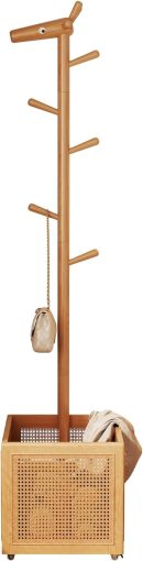 Wood Coat Rack,Coat Rack Freestanding with 5 Hooks,Coat Tree with Storage Basket for Bedroom, Entryway, Livingroom （Natural）