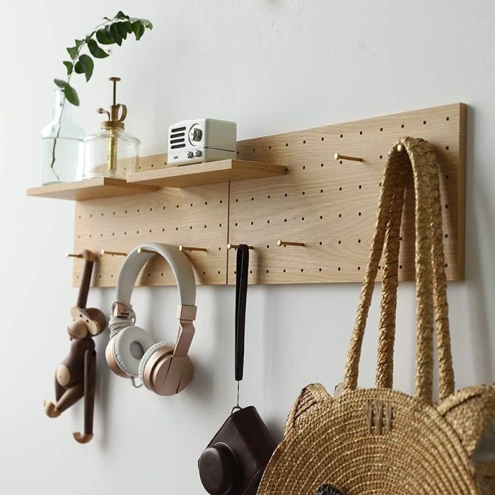 Wooden Pegboard Modular Display Organization Storage Wall Hooks Shelf (Color:Oak)