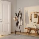 Solid Wood Coat Rack, Freestanding Clothes Tree with 6 Hooks, Houseware Standing Coat and Hat Hanger Organizer Rack, Clothes Tree Stand, Simple Assembly for Bedroom, Hallway, Office, Brown