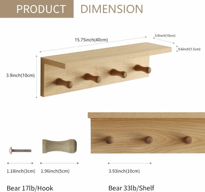 Wall Mount Coat Rack with Shelf, Sturdy Wooden Floating Shelf with Hooks Save Your Indoor Space, Wall Organizer siutable for Entryway, Mudroom, Kitchen, Bathroom, etc(Oak Finish) - Image 2