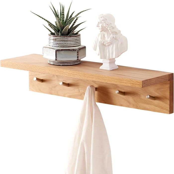 Coat Rack Shelf Wall Mounted Oak Wood Entryway Shelf with 5 Hooks Wall Coat Hook Rack with Floating Shelf for Bedroom, Living Room, Kitchen (Natural,20 inch)