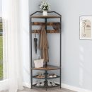 Corner Hall Tree with Shoe Bench Entryway Coat Rack with 10 Metal Movable Hooks Floor Standing Clothes Rack Shoes Shelf Organizer for Home Office Bedroom (Rustic Brown)