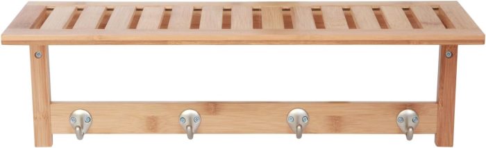 100% Bamboo Wooden Natural Shelf with 4 Stainless Steel Hooks