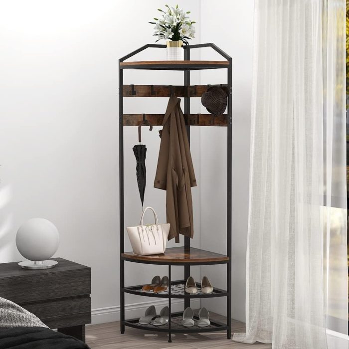 Corner Hall Tree with Shoe Bench Entryway Coat Rack with 10 Metal Movable Hooks Floor Standing Clothes Rack Shoes Shelf Organizer for Home Office Bedroom (Rustic Brown)