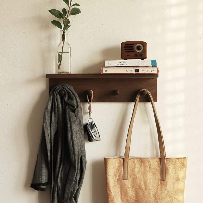 Entrance Coat Rack ，Coat Hooks, Wall-Mounted Wooden Hook Rack, Wall-Mounted Shelves are Very Suitable 1pcs(Walnut Color)