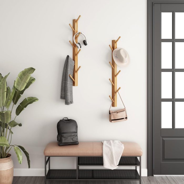 2-Pack Wood-Wall-Mounted-Coat-Hooks, Bamboo Vertical Coats Rack Holder Hanger with 8 Hooks Entryway Hanging Wooden Racks for Hanging Jacket Coat Hat in Entryway Office Bathroom(Natural) - Image 2