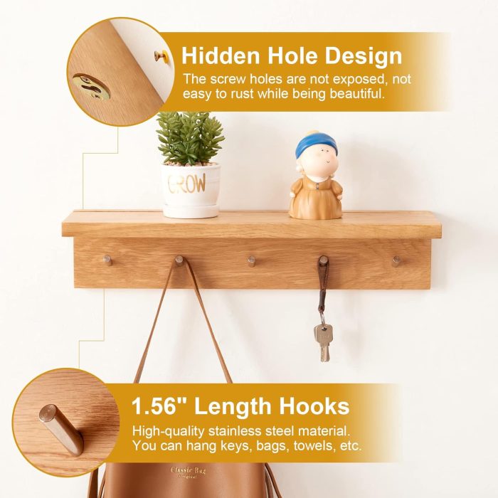 Coat Rack Shelf Wall Mounted Oak Wood Entryway Shelf with 5 Hooks Wall Coat Hook Rack with Floating Shelf for Bedroom, Living Room, Kitchen (Natural,20 inch) - Image 2