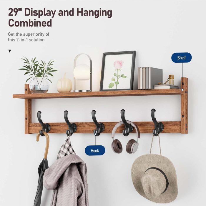 29'' Coat Rack Wall Mount with Shelf, Wood Wall Hooks with Storage, Entryway Shelf with 5 Hangers for Bathroom, Living Room, Bedroom, Rustic Brown - Image 2