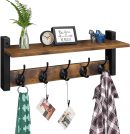 Wood Coat Rack with Wall-Mounted Shelf, Entryway Hanging Shelf with 5 Metal Hooks for Clothes, Hats, Towel, Purse, Robes - Rustic Brown