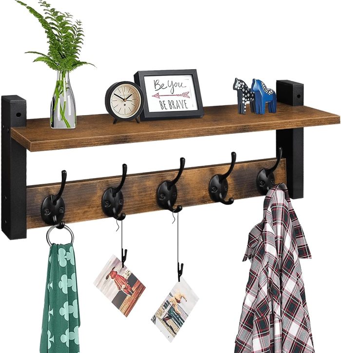 Wood Coat Rack with Wall-Mounted Shelf, Entryway Hanging Shelf with 5 Metal Hooks for Clothes, Hats, Towel, Purse, Robes - Rustic Brown