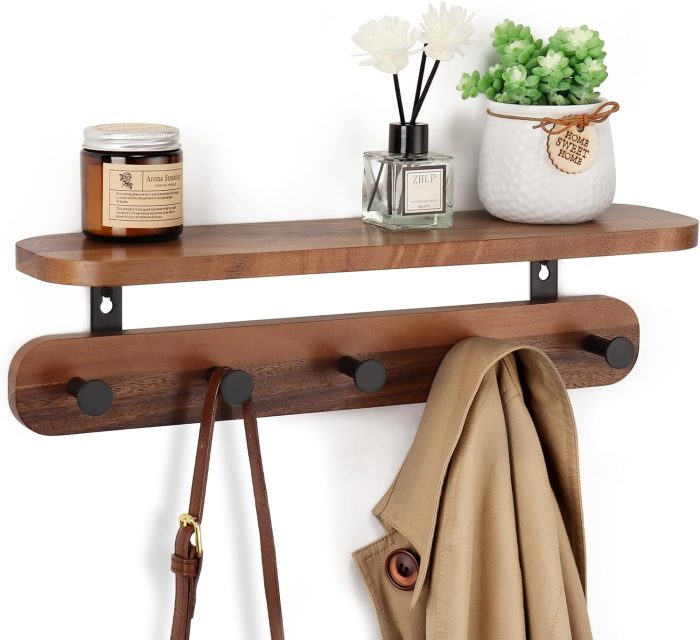 Coat Rack Wall Mount with Shelf, 17" Walnut Wood Wall Shelf with Hooks, Entryway Floating Shelf with 5 Metal Hangers for Coats, Backpacks, Living Room, Bedroom, Bathroom