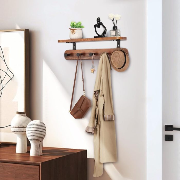 Coat Rack Wall Mount with Shelf, 17" Walnut Wood Wall Shelf with Hooks, Entryway Floating Shelf with 5 Metal Hangers for Coats, Backpacks, Living Room, Bedroom, Bathroom - Image 2