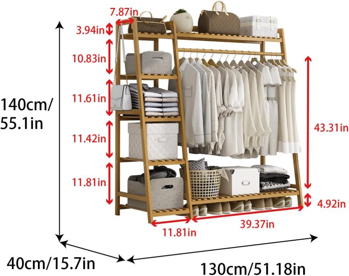 Bamboo Clothing Garment Rack 7 Tier Storage Shelf Coat Clothes Hanging Rack, Portable Wardrobe Closet Organizer With Top Shelf, Shoe Storage Shelves for Bedroom (Natural - 51.18 in)