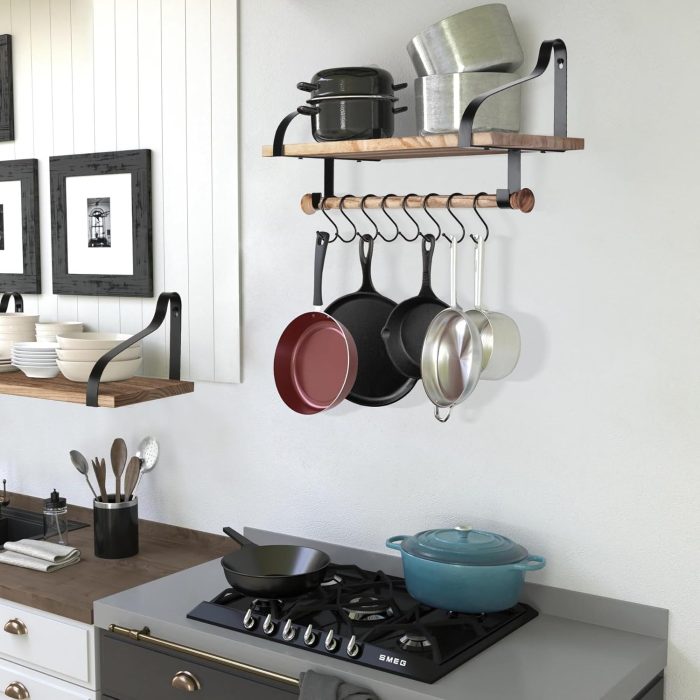 Wooden Hanging Pot Rack with 8 Hooks - Farmhouse Style Wall Mount Multifunctional Cookware Organizer Rack Kitchen Storage for Pans Utensils (Natural) - Image 2