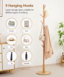 Solid Wood Coat Rack Stand with 9 Hooks, 3 Height Adjustable, Freestanding Clothes Tree Hanger for,Jacket, Hats, Scarves, bags, Bedroom, Office, Entryway