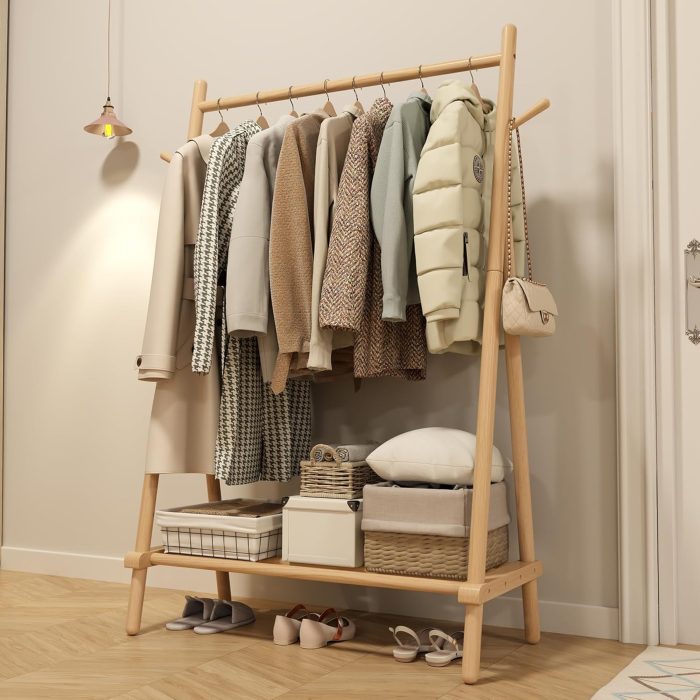 Solid Wood Clothes Rack, Clothing Rack for Hanging Clothes, Hanging Racks for Clothes with Shelves Load 350 Lbs Garment Rack (Natural)