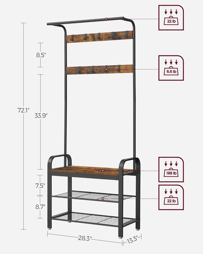 Coat Rack, Hall Tree with Shoe Bench for Entryway, Entryway Bench with Coat Rack, 4-in-1, with 9 Removable Hooks, a Hanging Rod, 13.3 x 28.3 x 72.1 Inches, Rustic Brown and Black - Image 2