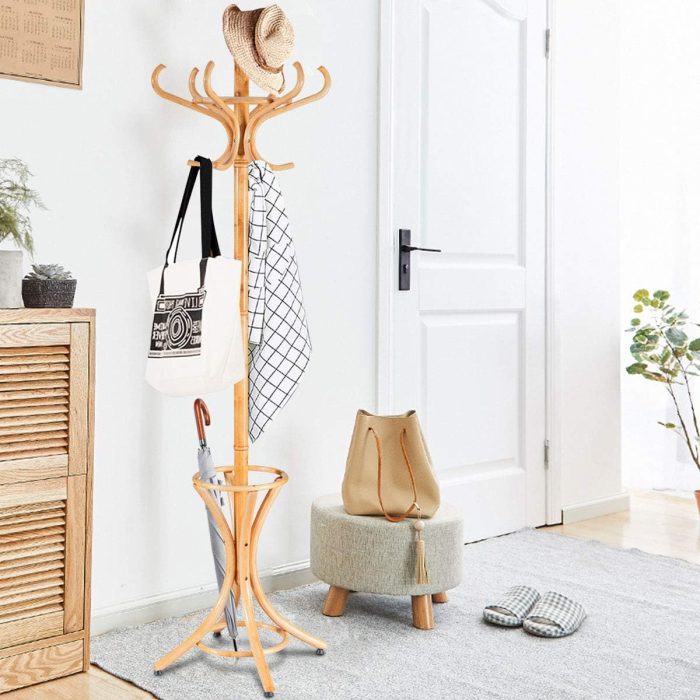75.5" Standing Coat Rack, Wood Coat Tree with 12 Hooks, Home Hat Jacket Hanger Tree 12 with Umbrella Holder Coat Stand (Oak)