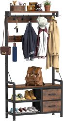 Hall Tree, 31.5” Entryway Bench with Coat Rack freestanding, 5 in 1 Intelligent Design Shoe Bench and Wall Rack 17 Hooks and Drawers (Rustic Brown)