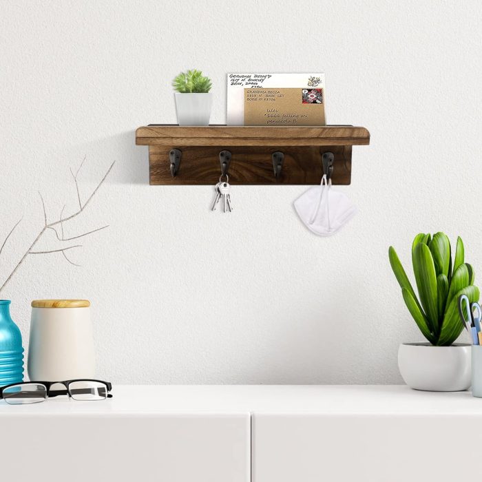 Rustic Key Holder for Wall, Farmhouse Wall Shelf with 4 Hooks, Wall Mounted Key Racks, Wooden Mail Organizer with Hooks for Entryway (Brown) - Image 2