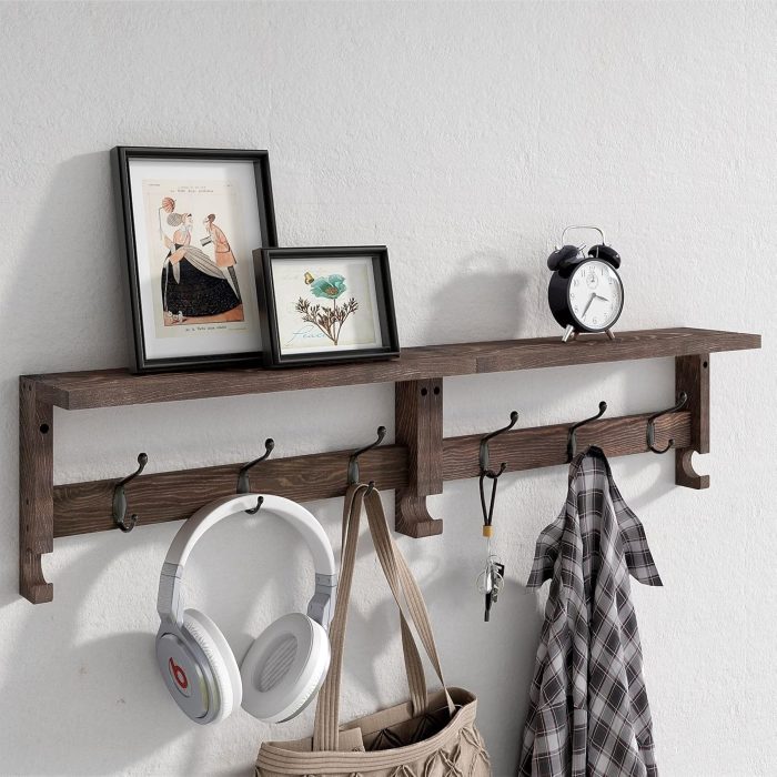 Coat Hooks, Wood Rack Wall-Mounted, 31.5 Inch Entryway Shelf with 10 Hooks (Brown)