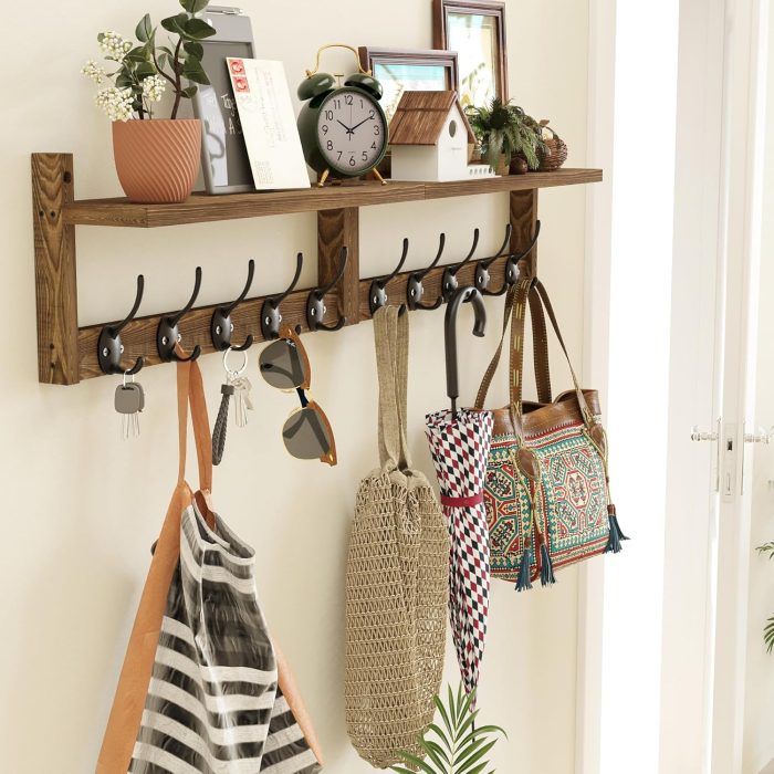 34.2 inch Wooden Extra-Long Wall Hook Rack with Shelf - Versatile and Decorative Wall-Mounted Storage - 10 Hooks for Hanging Coats, Hats, Scarves - Ideal for Entryways, Bedrooms, Closets - Image 2