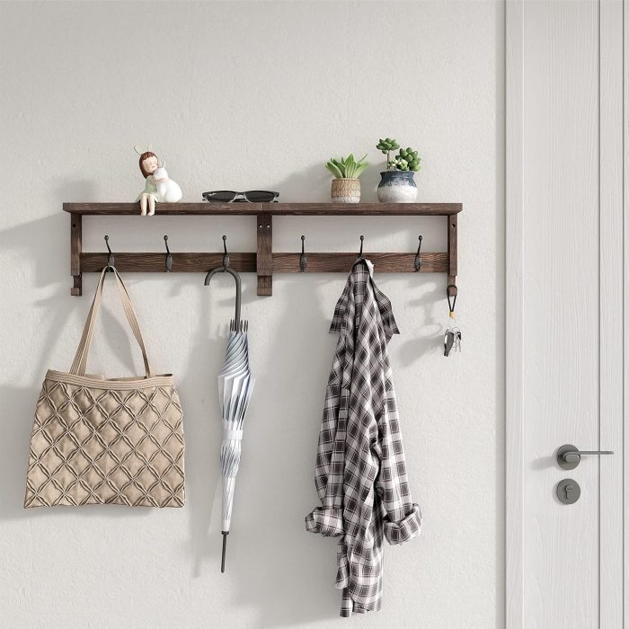 Coat Hooks, Wood Rack Wall-Mounted, 31.5 Inch Entryway Shelf with 10 Hooks (Brown) - Image 2