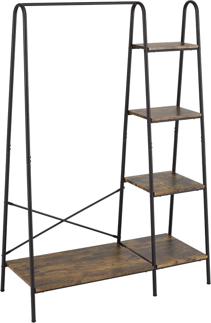 Rustic Clothes Rack, Clothing Rack for Hanging Clothes Heavy Duty Garment Rack with 5 Wood Shelves Freestanding Portable Closet Organizer for Bedroom/Entryway/Boutiques，Matte Black