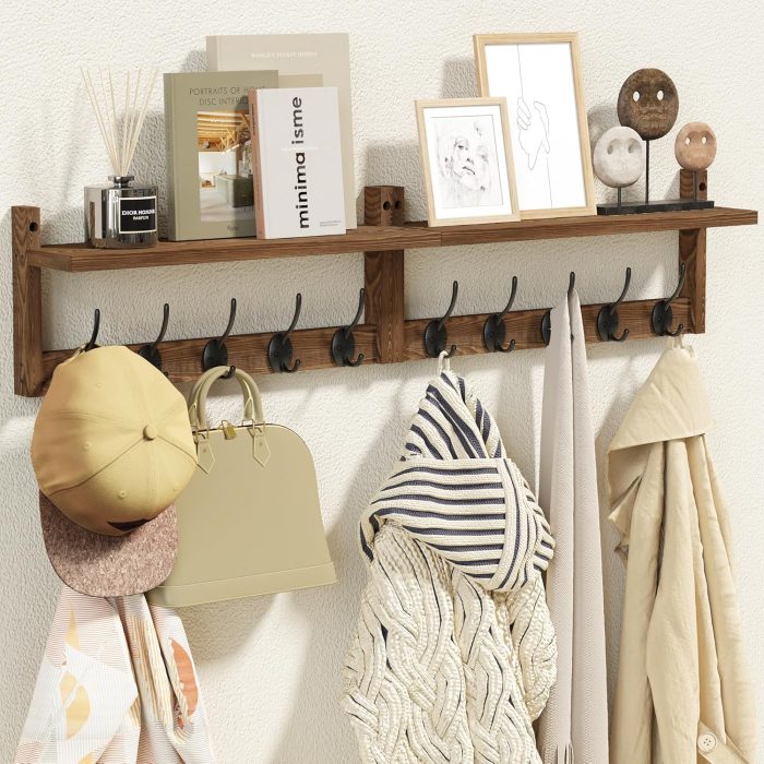 34.2 inch Wooden Extra-Long Wall Hook Rack with Shelf - Versatile and Decorative Wall-Mounted Storage - 10 Hooks for Hanging Coats, Hats, Scarves - Ideal for Entryways, Bedrooms, Closets