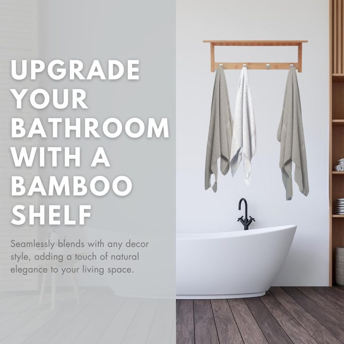 100% Bamboo Wooden Natural Shelf with 4 Stainless Steel Hooks - Image 2