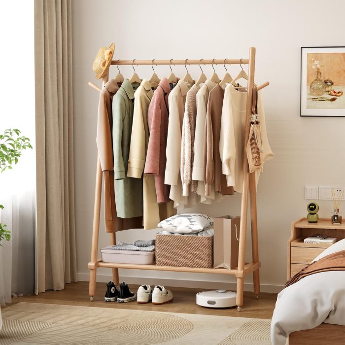 Solid Wood Clothes Rack, Clothing Rack for Hanging Clothes, Hanging Racks for Clothes with Shelves Load 350 Lbs Garment Rack (Natural) - Image 2