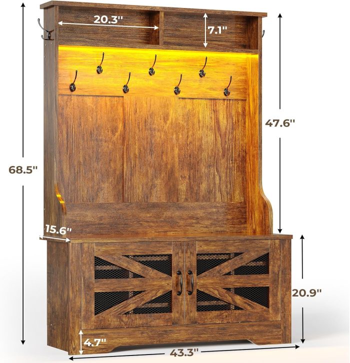Hall Tree with Bench and Shoe Storage, 5-in-1 Entryway Bench with Coat Rack, 10 Shoe Cubbies & 9 Coat Hooks, Barn Door & Adjustable Shelf (Rustic Brown)