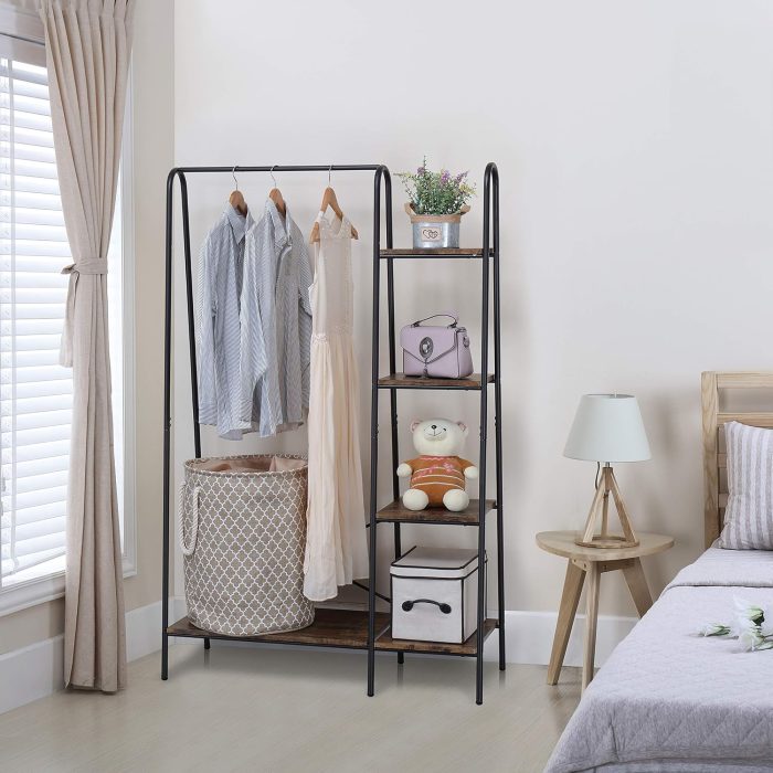 Rustic Clothes Rack, Clothing Rack for Hanging Clothes Heavy Duty Garment Rack with 5 Wood Shelves Freestanding Portable Closet Organizer for Bedroom/Entryway/Boutiques，Matte Black - Image 2